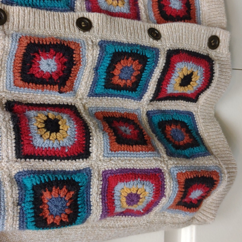 Alfred Dunner Vintage Crochet Granny Square Beige Ramie Cotton Knit Cardigan PXL - Picture 8 of 16